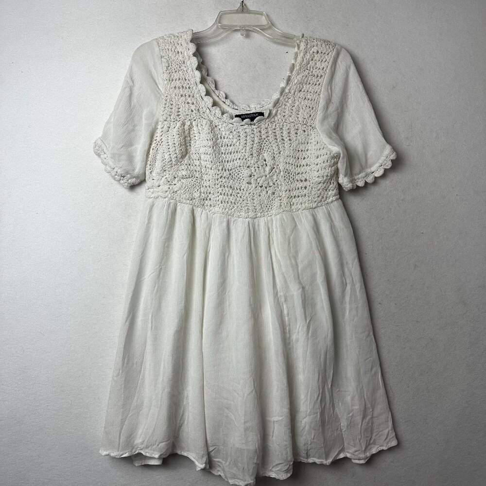 Minkpink x Urban Outfitters White Crochet Dress Boho Festival Short Sleeve M